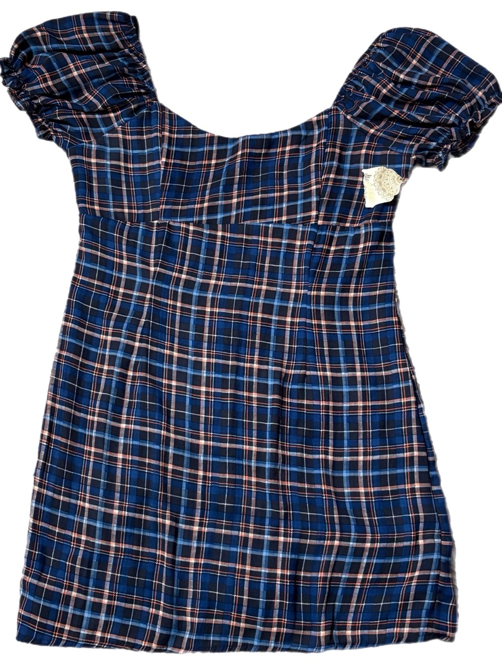 Altar'd State Britton Plaid Puff-Sleeve Dress Navy Blue Orange Mini Gingham